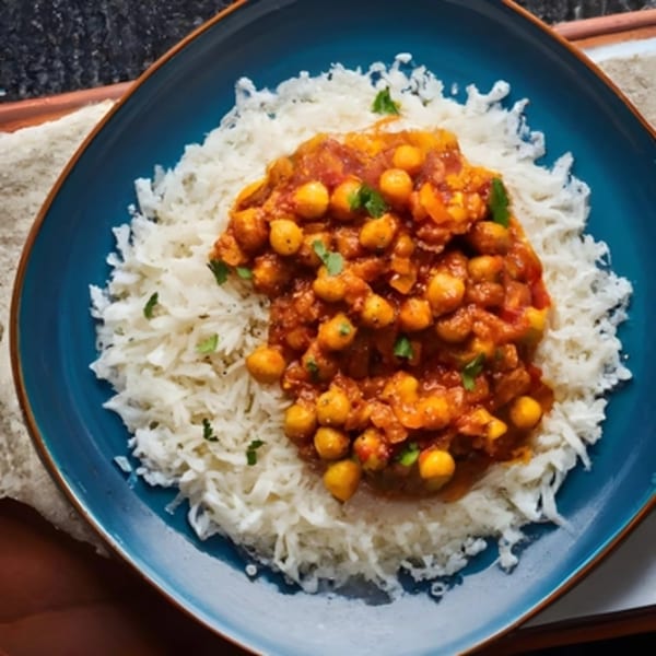 Chana Masala, a chickpea curry, served over white rice on a blue plate at Spicee Bite.