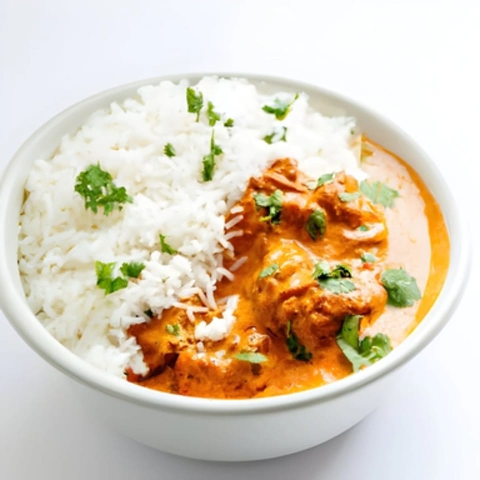 A white bowl filled with fluffy white rice and rich orange Indian butter chicken, garnished with fresh cilantro.